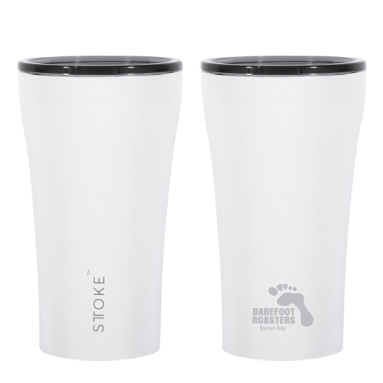 Barefoot Roasters 12oz white sttoke travel cup